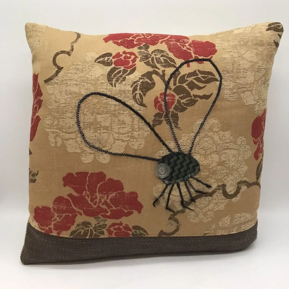 Vintage Handcrafted Tapestry Floral Bug 15 inch Throw Pillow Cottagecore Down